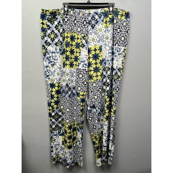 Festival Pants Womens Plus 2X High-Rise Wide Leg Pull-On Blue Yellow Abstract - Picture 1 of 5